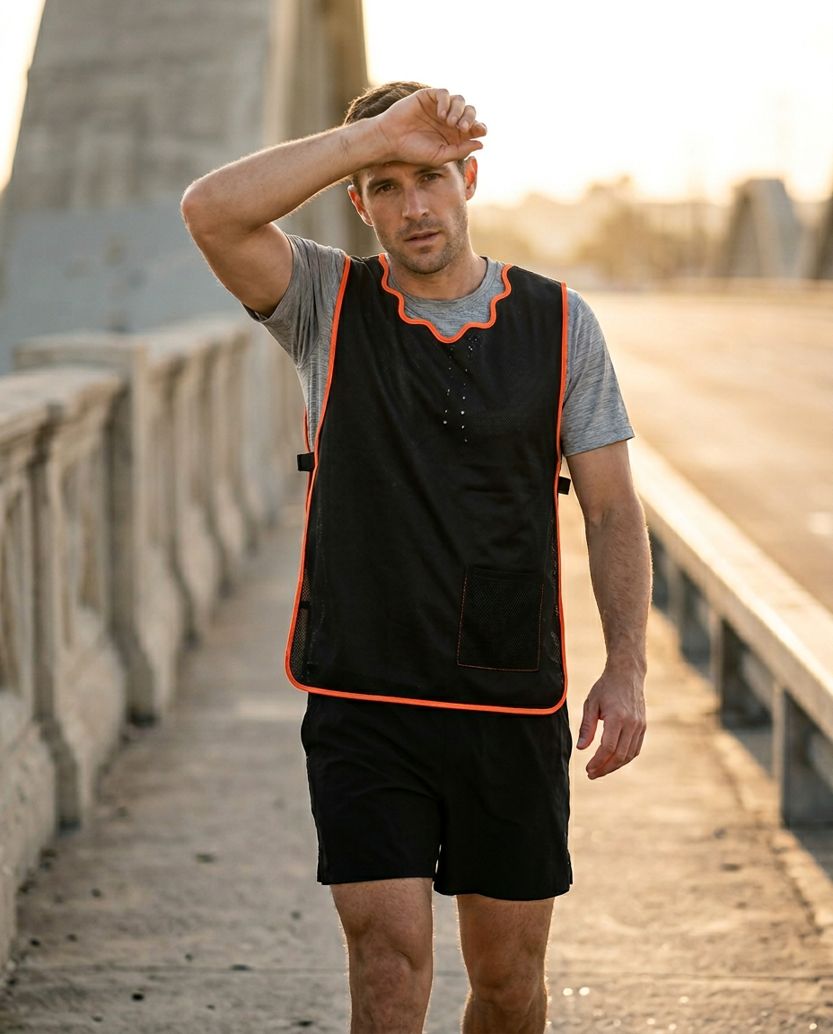 Runner on a bridge wiping sweat while wearing the black cooling vest at sunset