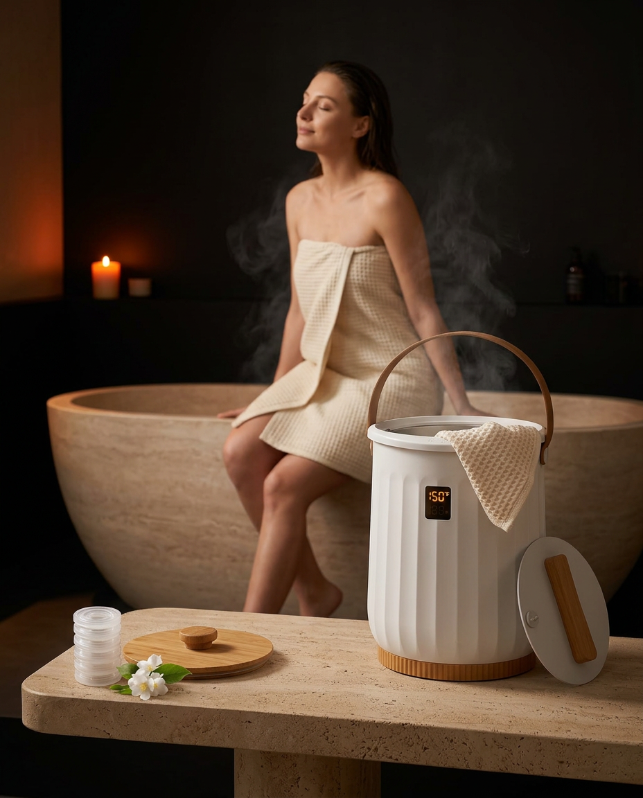 Woman in a towel beside the steaming towel warmer in a candlelit spa bathroom