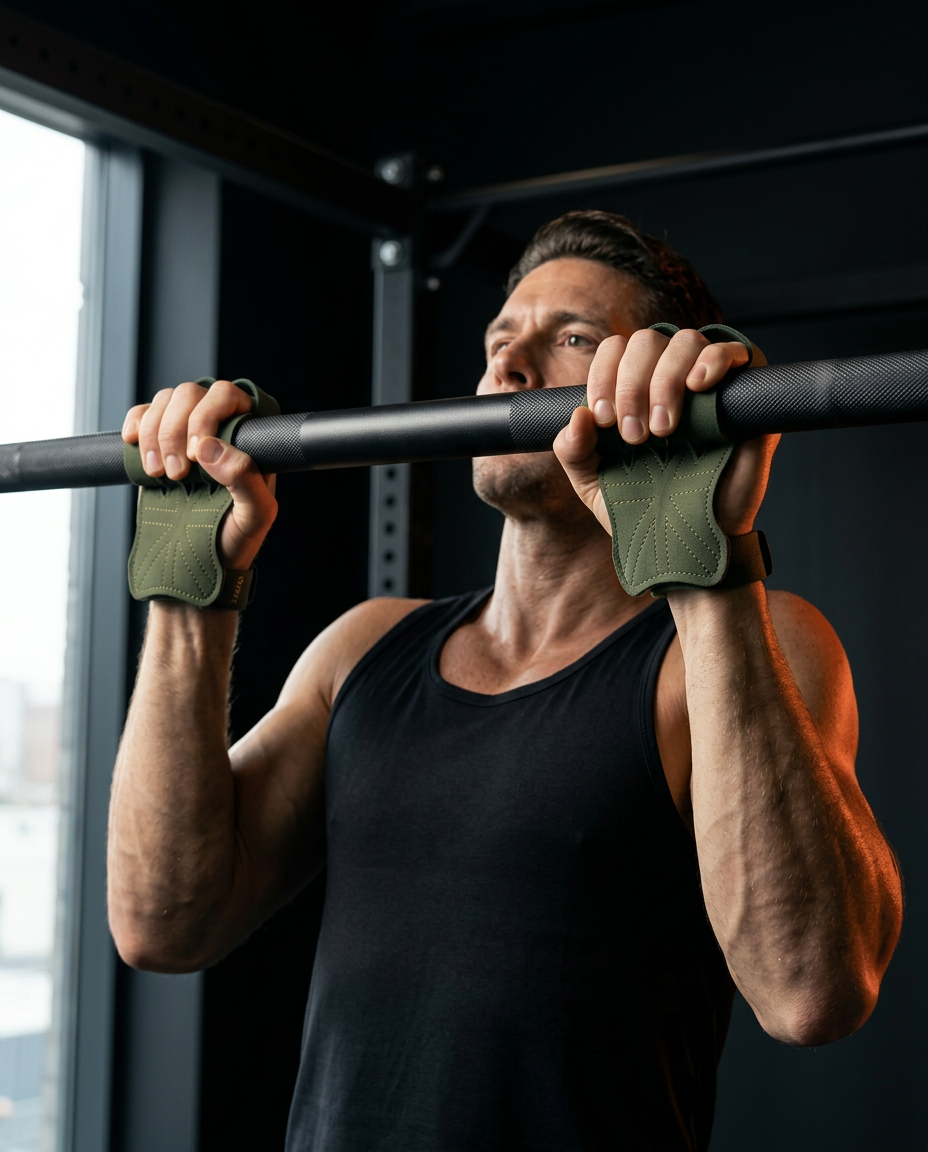 Man doing a pull-up on a bar wearing green grip training pads in a gym