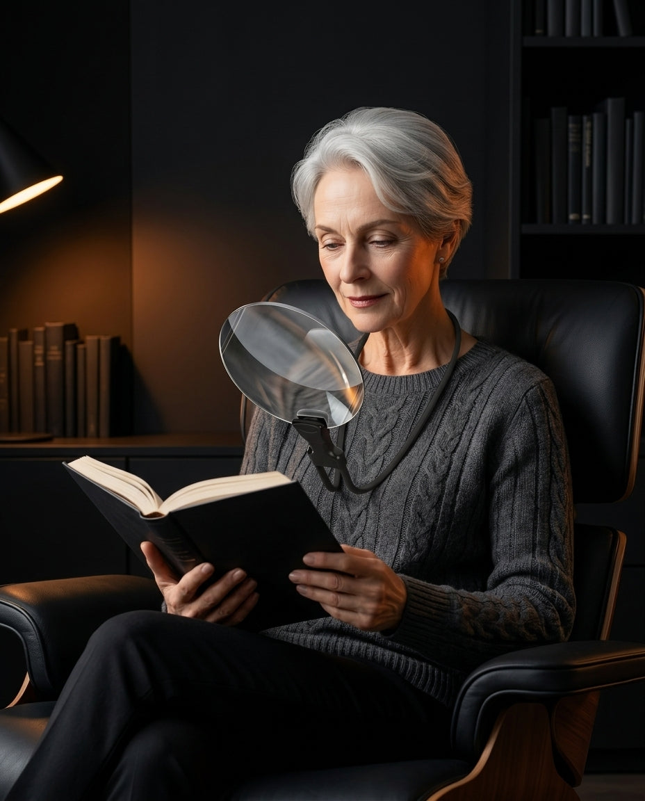 Older woman reading a book using the hands-free neck magnifier in an armchair