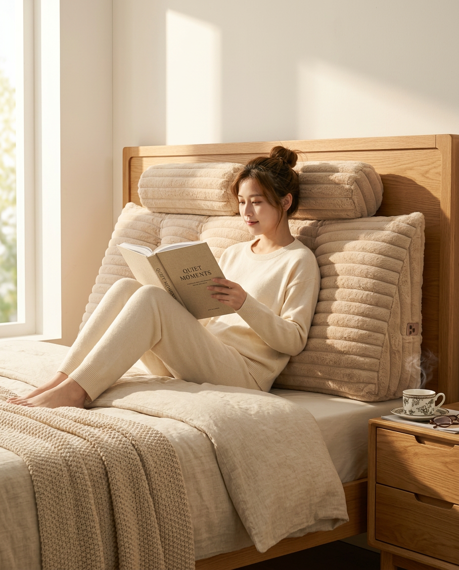 Woman reading in bed leaning against the beige wedge headboard pillow