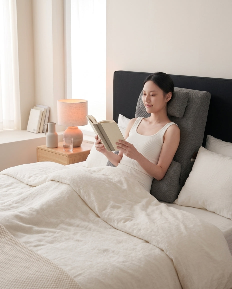 Woman reading in bed propped on gray wedge backrest pillow in bright bedroom