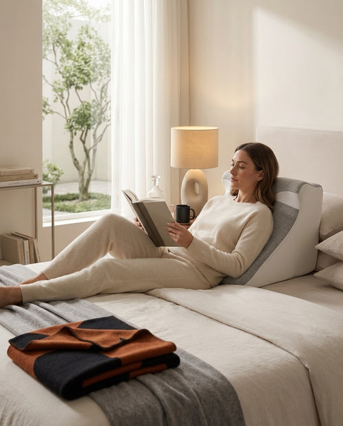 Woman reading in bed propped up against the gray wedge pillow