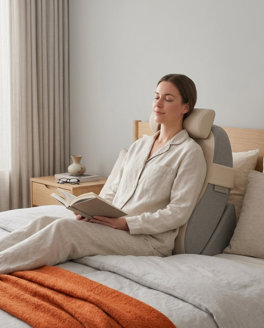 Woman in pajamas reading in bed supported by beige bed backrest