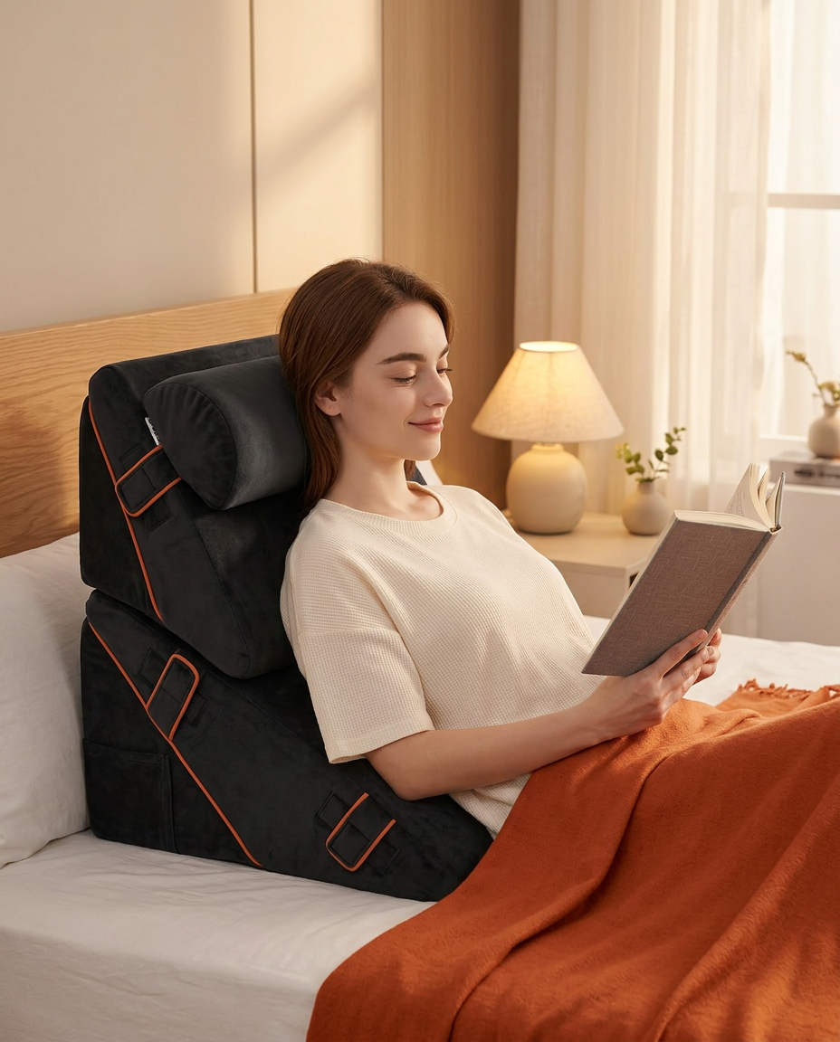 Woman reading a tablet in bed propped up on the black adjustable bed wedge system