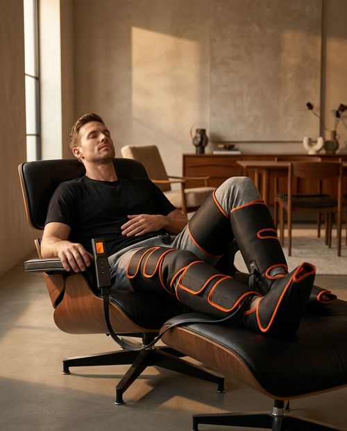 Man reclining in a lounge chair using the air compression leg massagers