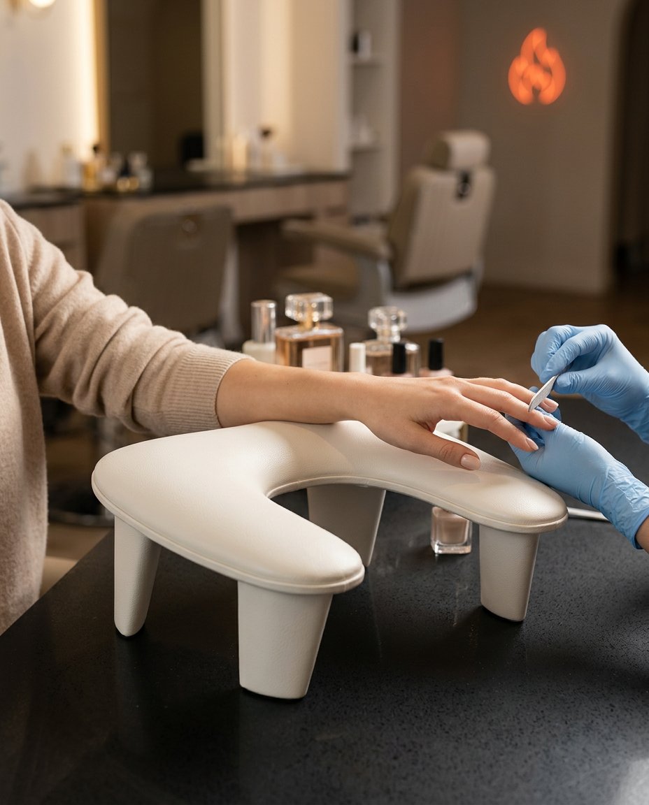 Manicurist paints a client's nails resting on the cushion in a salon