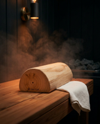 Wooden sauna neck pillow on a wood bench amid warm steam and dim light