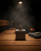 Granite oil holder with dropper bottle steaming on a dim sauna bench