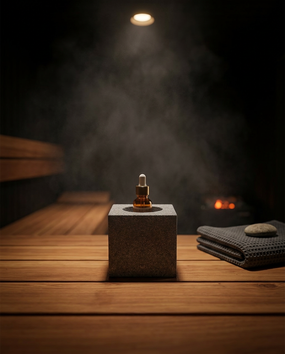 Granite oil holder with dropper bottle steaming on a dim sauna bench
