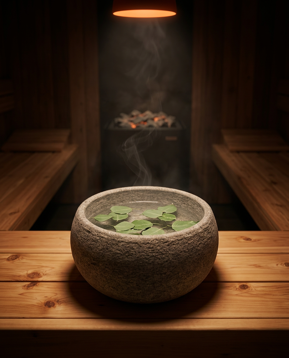 Stone aromatherapy bowl steaming with eucalyptus leaves on a sauna bench