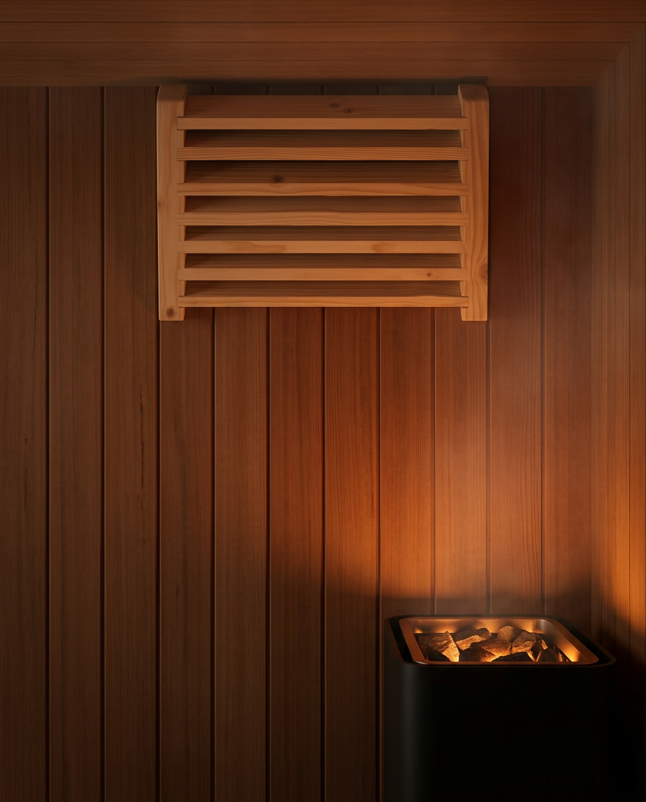 Wood sauna ventilation grille mounted on the wall above a sauna heater