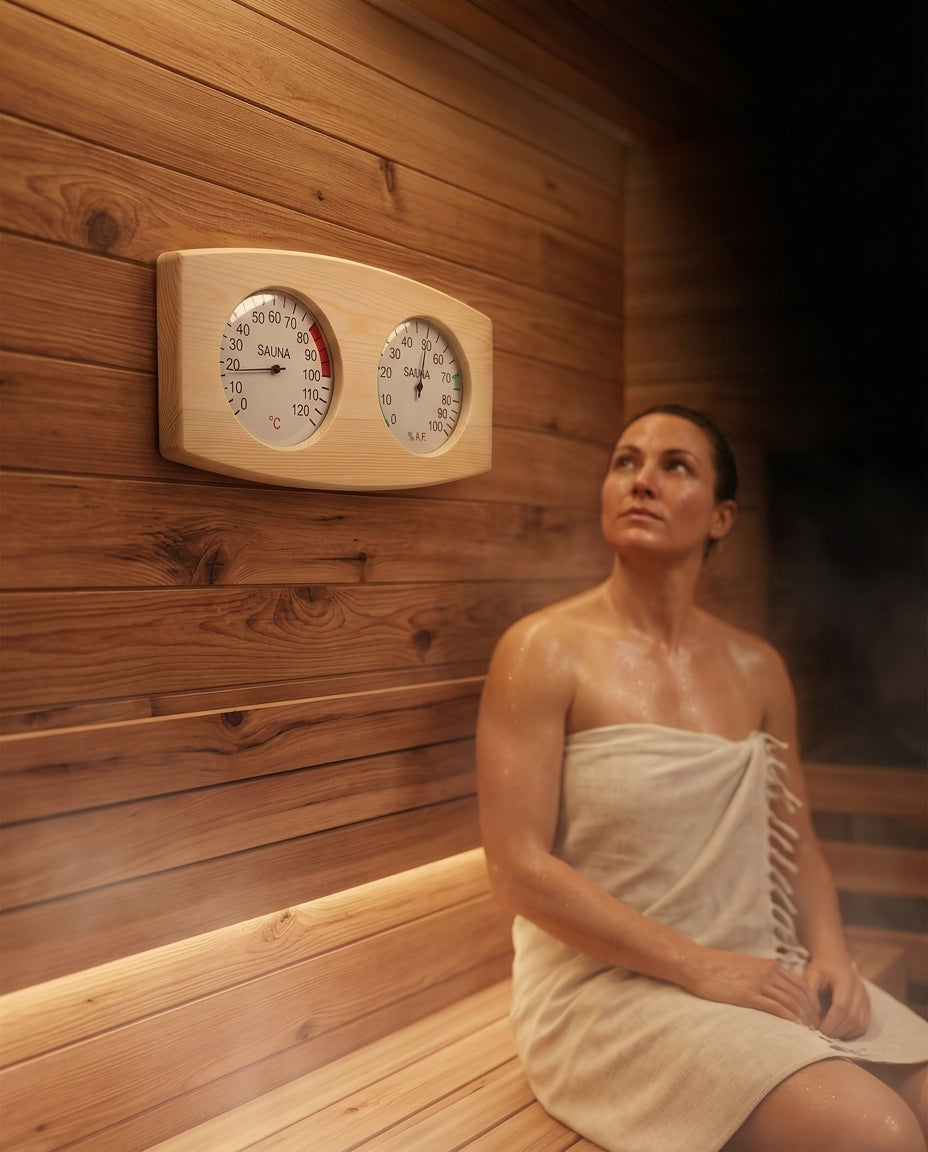 Woman in towel relaxing beside wall-mounted sauna thermometer in cedar sauna