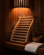 Wooden sauna backrest resting on a bench inside a warmly lit cedar sauna