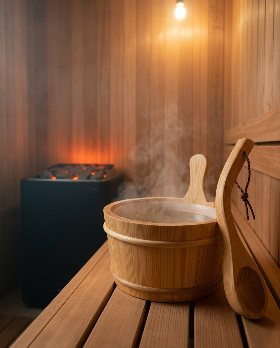 Steaming sauna bucket and ladle on a wooden bench beside a glowing heater