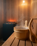 Steaming sauna bucket and ladle on a wooden bench beside a glowing heater
