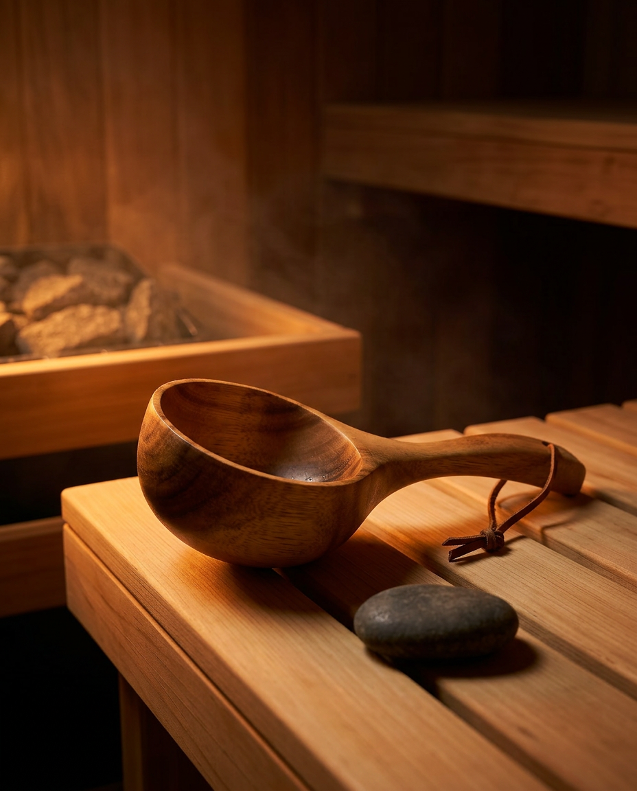 Wooden sauna ladle resting on a cedar bench beside a steaming sauna heater