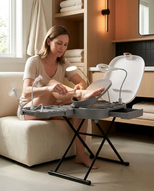 Woman seated grooming her foot raised on the lit foot care station