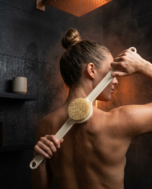 Woman in the shower scrubbing her back with the long-handled body brush