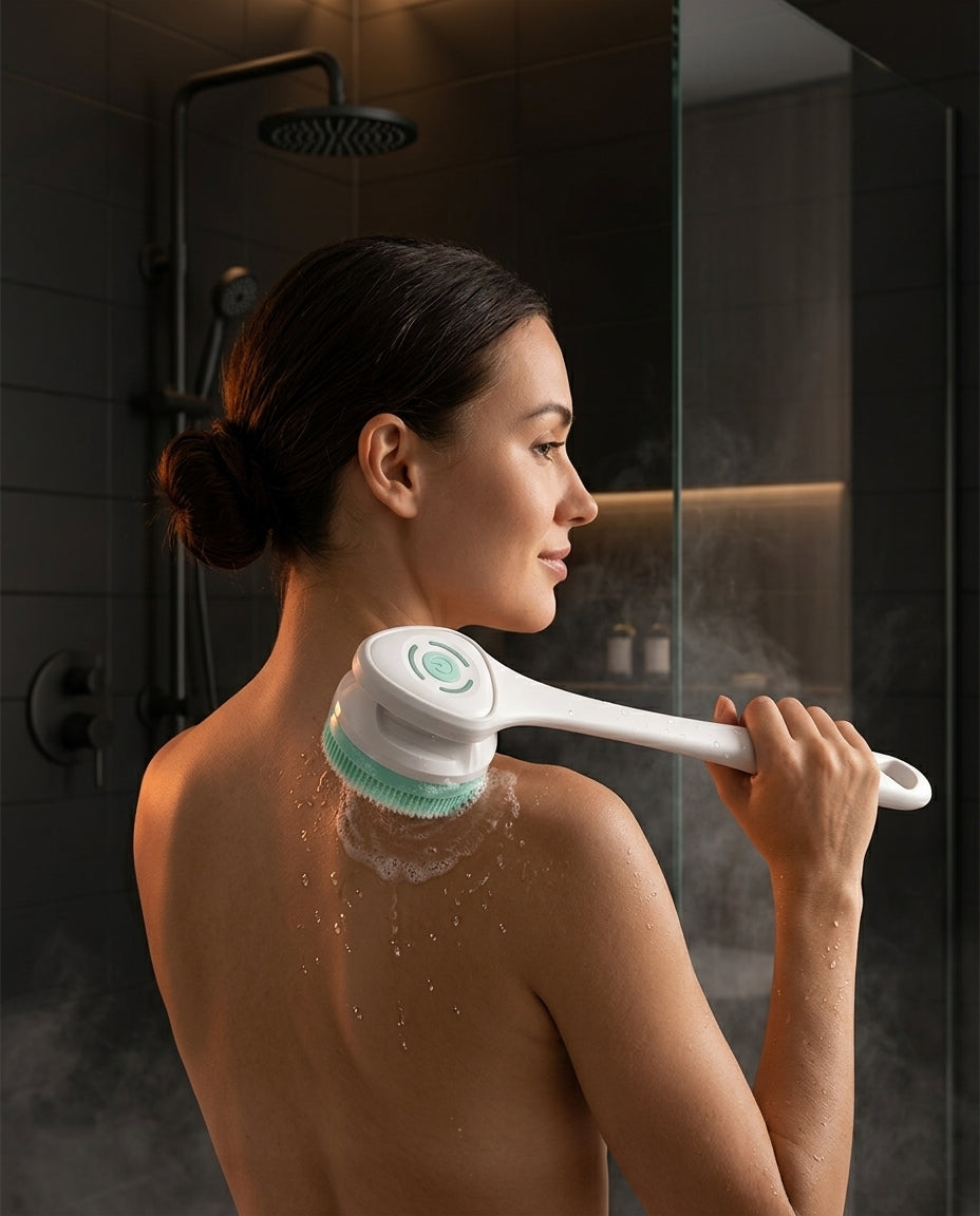 Woman in steamy shower scrubbing her back with the long-handle body cleansing brush