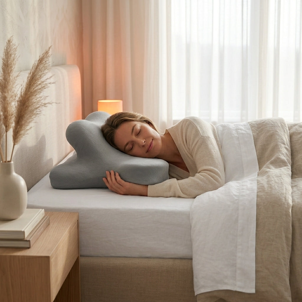 Woman side-sleeping in bed resting her face on the grey contour support pillow