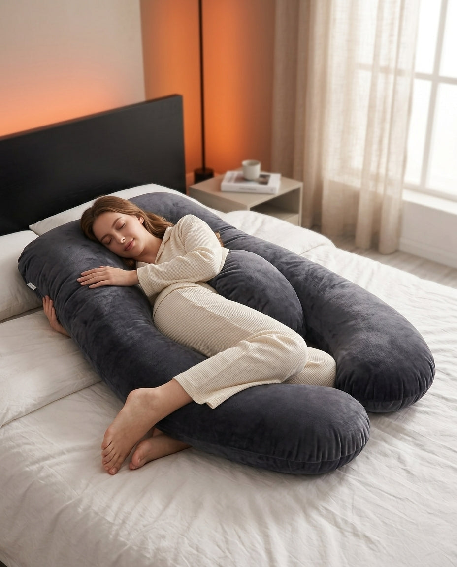 Woman side-sleeping cradled in a U-shaped grey full body pillow