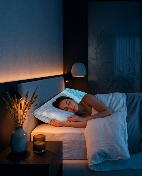 Woman side-sleeping on the cooling memory foam pillow in a dim bedroom