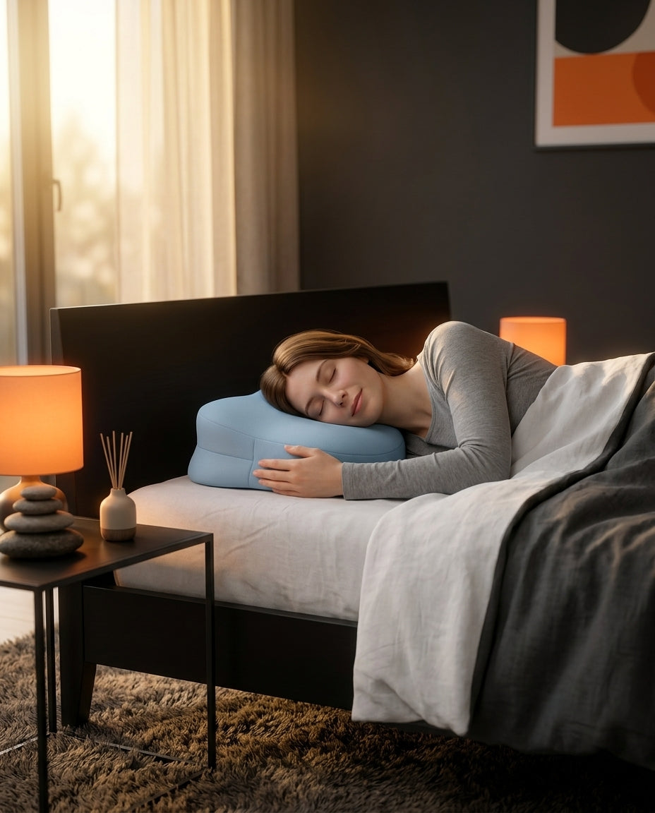 Woman side-sleeping on the blue contour pillow in a warm cozy bedroom