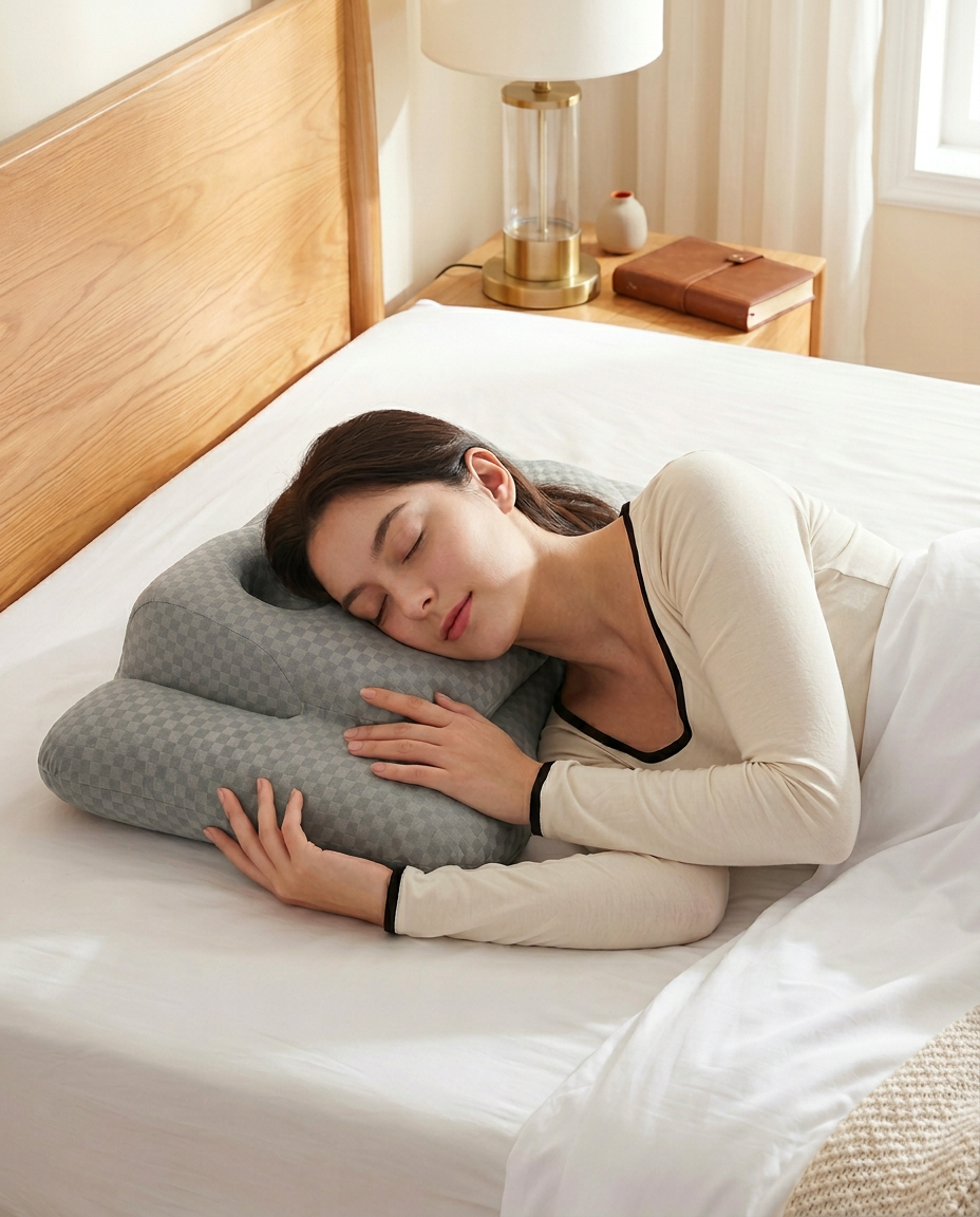 Woman sleeping on her side with head resting on the grey ergonomic sleep pillow