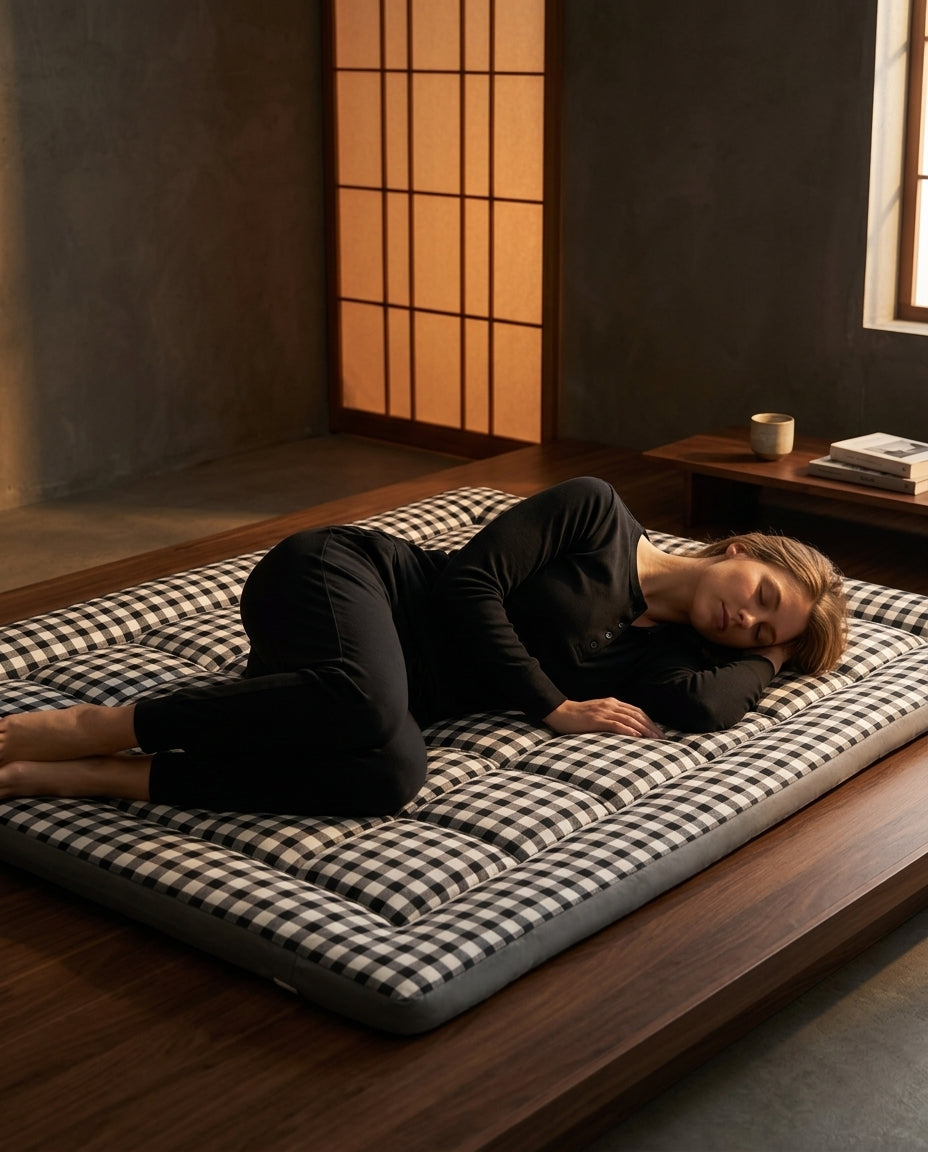 Woman sleeping on her side on a checkered floor mattress in a Japanese-style room