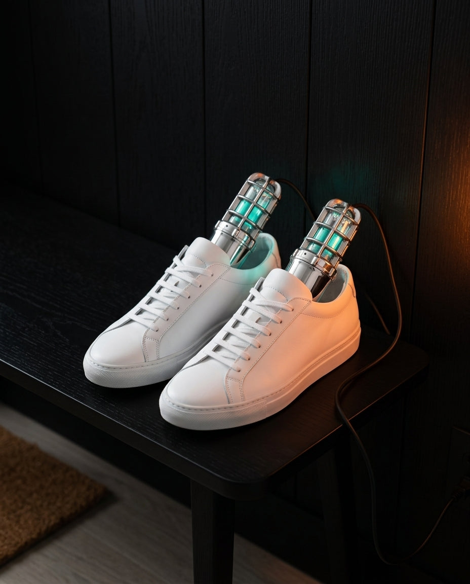 Pair of white sneakers drying with the glowing shoe dryers in a dark entryway
