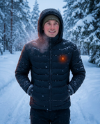 Man hiking in a snowy forest wearing the heated jacket with chest glow