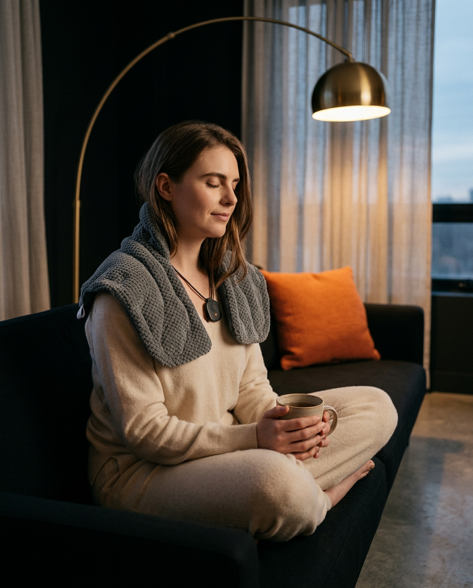 Woman relaxing on sofa wearing the heated neck wrap with a warm mug