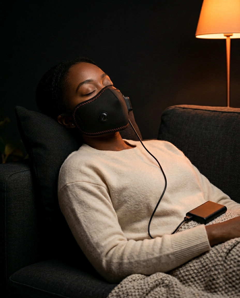 Woman relaxing on a sofa wearing the heated comfort mask in dim lamplight