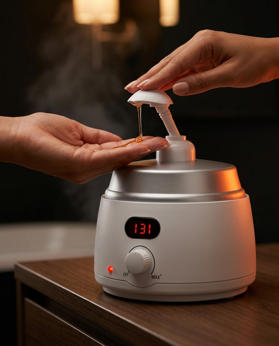 Hands pumping warm oil from the dispenser in a dim spa bathroom