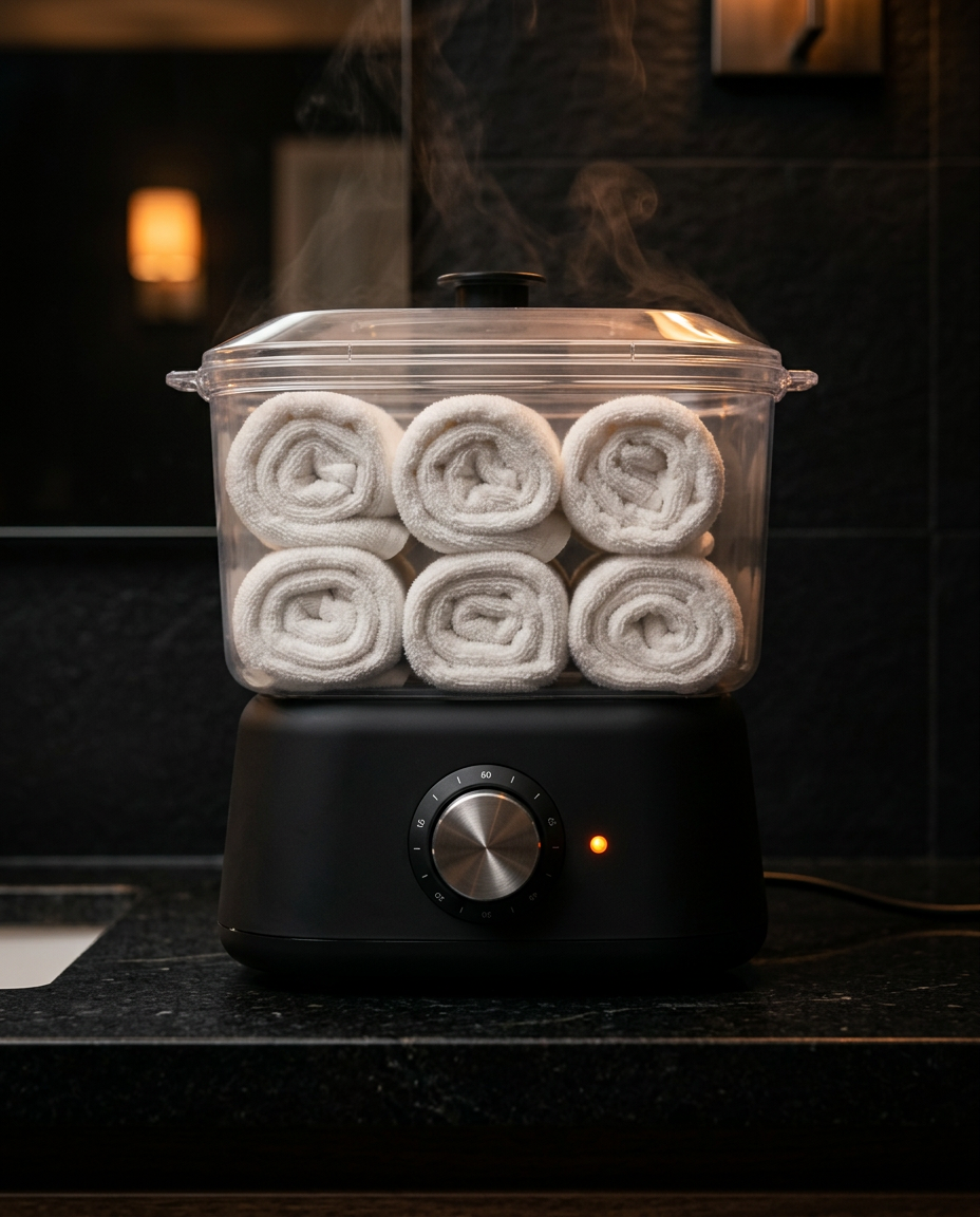 Towel warmer steaming on a dark spa bathroom counter with warm light