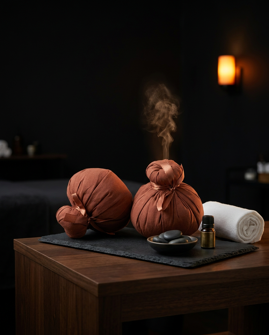Steaming herbal massage balls on a spa table with towel and oils