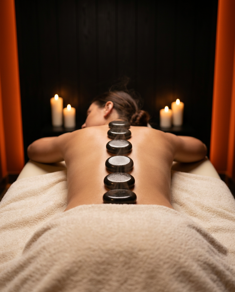 Woman receiving a spa hot stone massage with stones along her spine