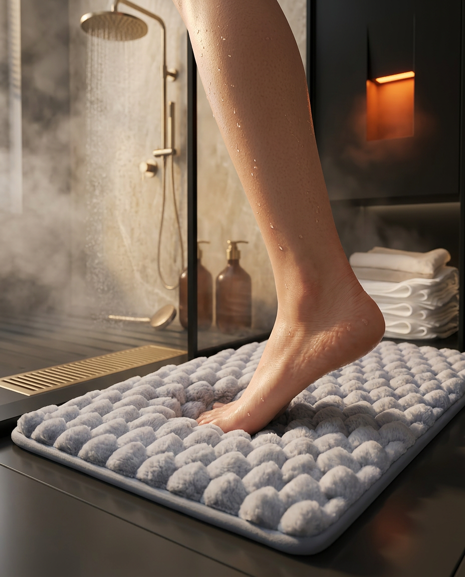 Wet foot stepping onto grey memory foam bath mat in a steamy shower
