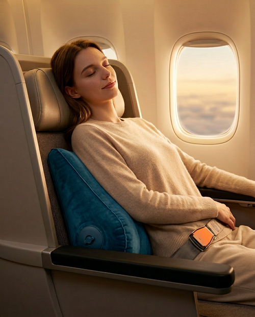 Woman napping in an airplane seat with a teal travel wedge pillow at her side