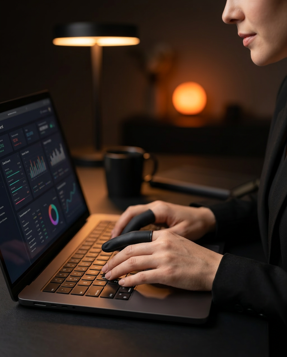 Woman typing on a laptop wearing black gel finger sleeves in a dim office