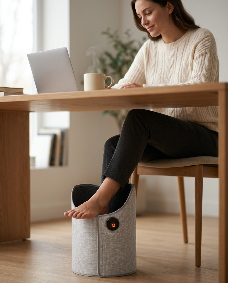 Woman warming her feet in the leg warmer under a desk while working on a laptop