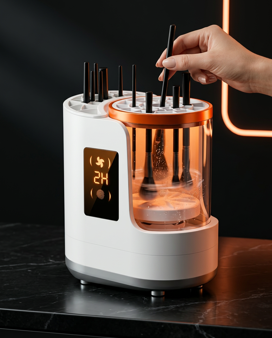 Hand placing a makeup brush into the cleaning machine on a dark marble vanity