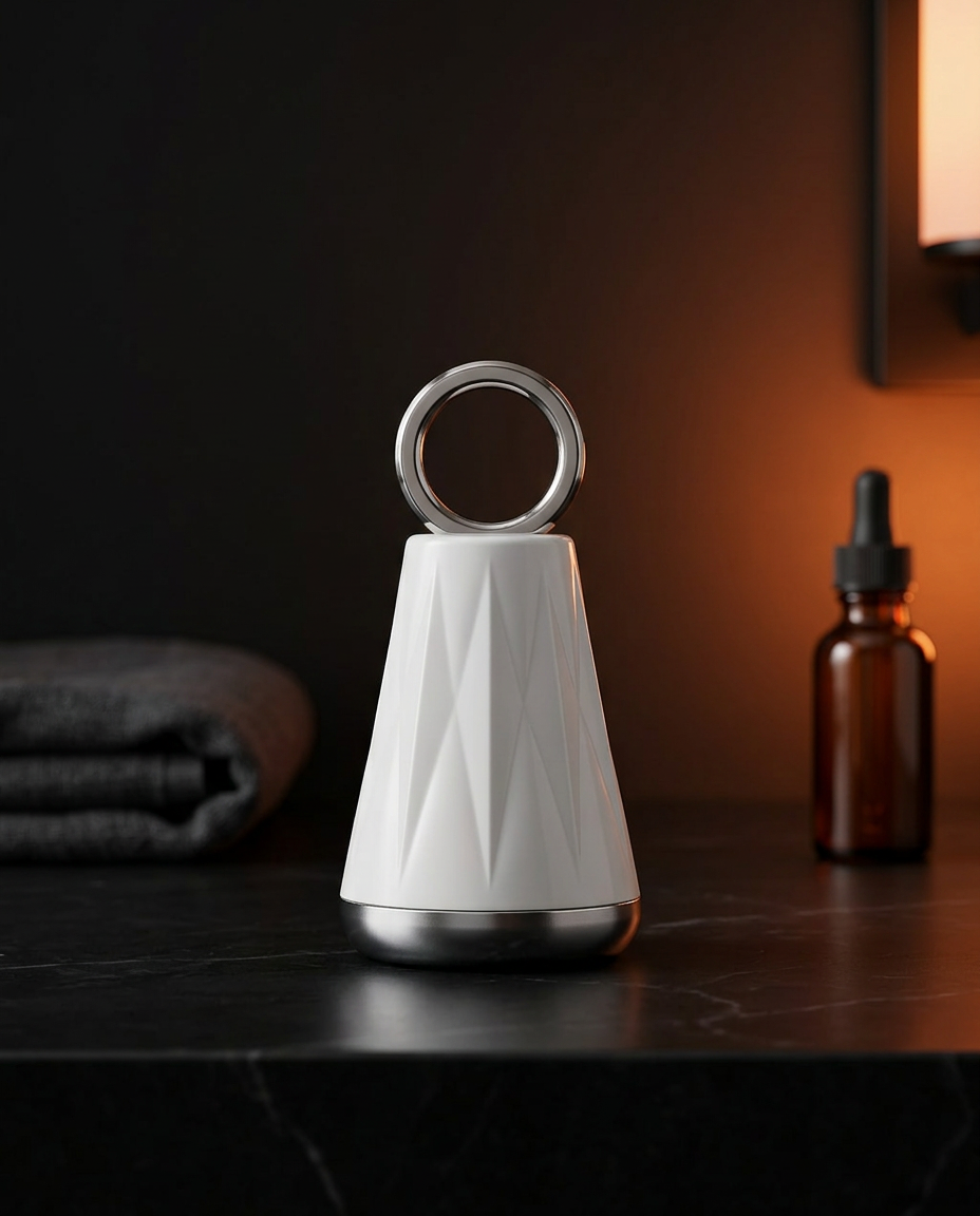 Cream face massage tool on black marble vanity beside serum bottle in warm light