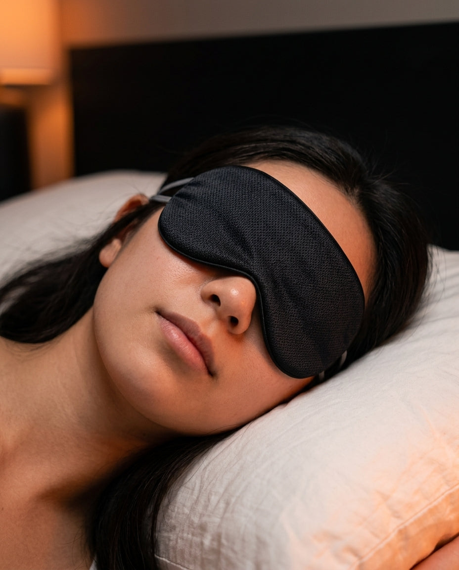 Woman sleeping on a pillow wearing the black silk eye mask in a dim bedroom