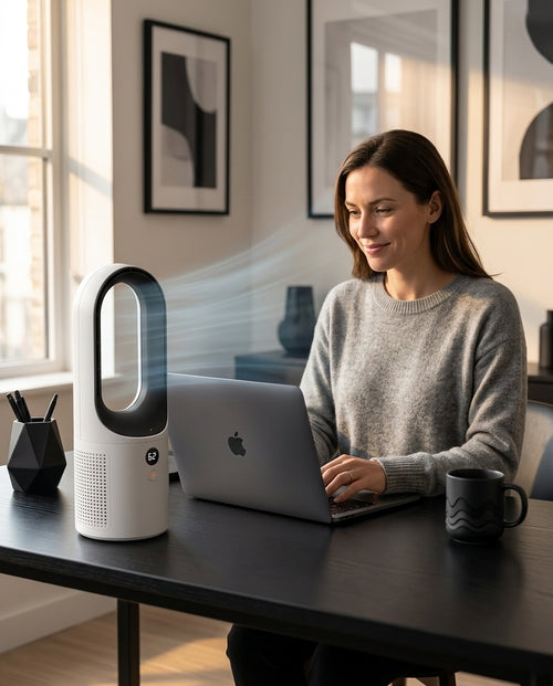 Woman working at a laptop with the white bladeless tower fan on her desk