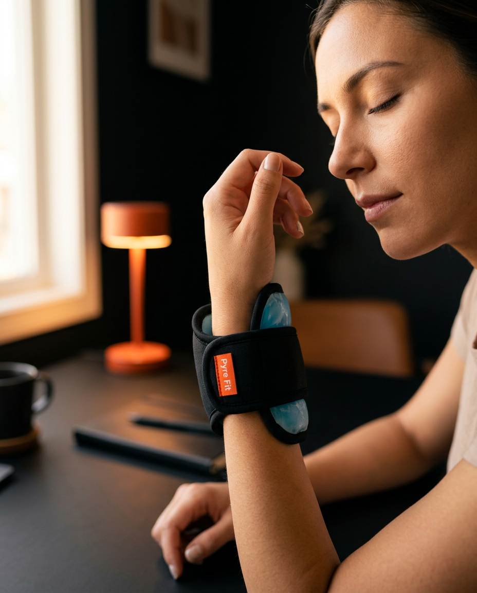 Woman wearing the cooling gel wrap on her wrist at a desk
