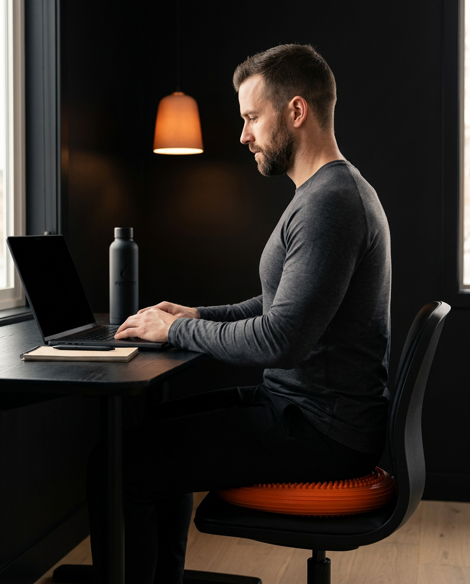 Man working at a desk using the orange balance disc as an active-sitting seat