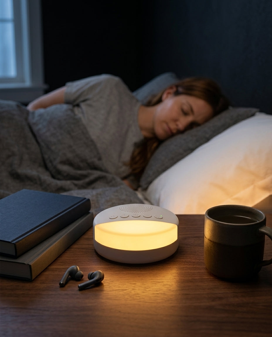 Glowing sleep machine on a bedside table as a woman sleeps behind it