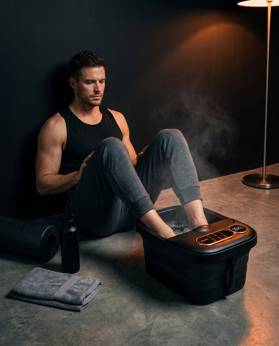 Athletic man soaking his feet in the foot spa after training, dim room